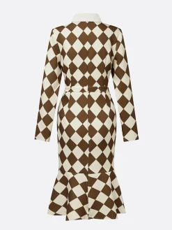 Urban Plain Buttoned Shirt Collar Midi Dress With Tie