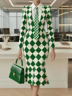 Urban Plain Buttoned Shirt Collar Midi Dress With Tie