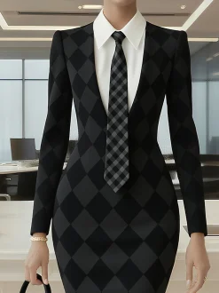 Urban Plain Buttoned Shirt Collar Midi Dress With Tie