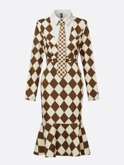 Urban Plain Buttoned Shirt Collar Midi Dress With Tie