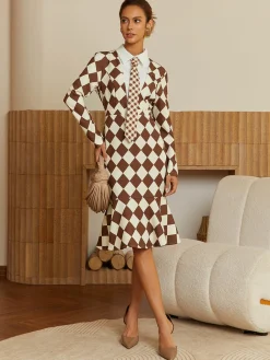 Urban Plain Buttoned Shirt Collar Midi Dress With Tie