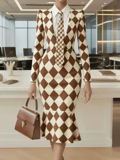 Urban Plain Buttoned Shirt Collar Midi Dress With Tie