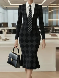 Urban Plain Buttoned Shirt Collar Midi Dress With Tie