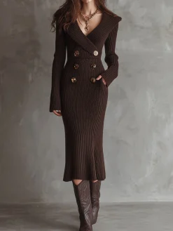 Urban Plain Buttoned V Neck Sweater Dress
