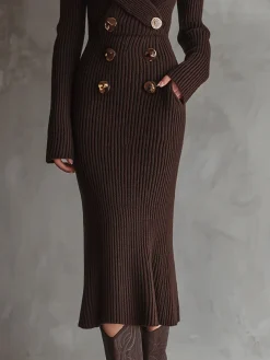 Urban Plain Buttoned V Neck Sweater Dress