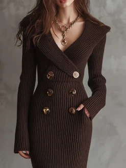 Urban Plain Buttoned V Neck Sweater Dress