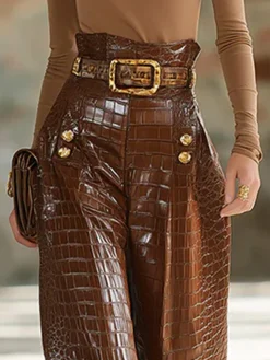 Urban Plain Buttoned Wide Leg Faux Leather Pants No Belt
