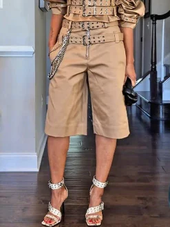 Urban Plain Chain Straight Pants Shorts With Belt