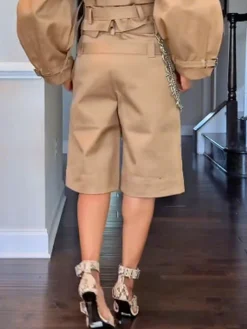 Urban Plain Chain Straight Pants Shorts With Belt