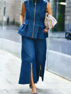 Urban Plain Crew Neck Denim Top