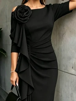 Urban Plain 3D Floral Midi Dress