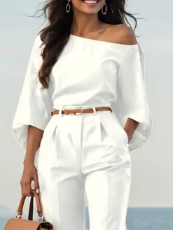 Urban Plain Irregular Craftsmanship One Shoulder Balloon Sleeve Blouse