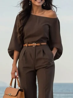 Urban Plain Irregular Craftsmanship One Shoulder Balloon Sleeve Blouse