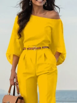 Urban Plain Irregular Craftsmanship One Shoulder Balloon Sleeve Blouse