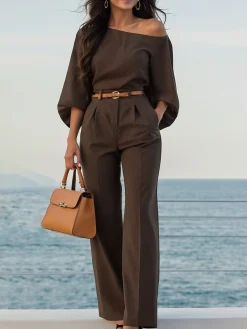 Urban Plain Irregular Craftsmanship One Shoulder Balloon Sleeve Blouse