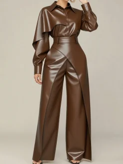 Urban Plain Irregular Craftsmanship Shirt Collar Faux Leather Top