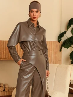 Urban Plain Irregular Craftsmanship Shirt Collar Faux Leather Top