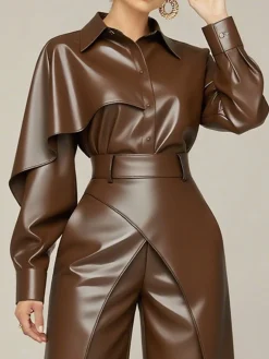 Urban Plain Irregular Craftsmanship Shirt Collar Faux Leather Top