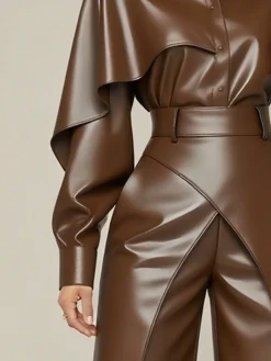 Urban Plain Irregular Craftsmanship Shirt Collar Faux Leather Top