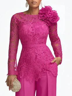 Urban Plain Lace Crew Neck Blouse With 3D Floral