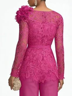 Urban Plain Lace Crew Neck Blouse With 3D Floral