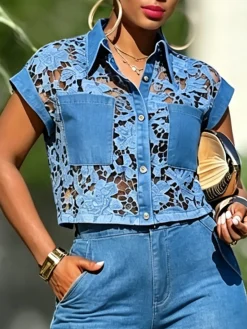 Urban Plain Lace Shirt Collar Denim Shirt