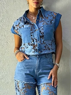 Urban Plain Lace Shirt Collar Denim Shirt