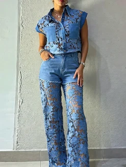 Urban Plain Lace Shirt Collar Denim Shirt
