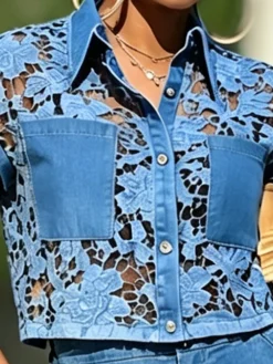 Urban Plain Lace Shirt Collar Denim Shirt