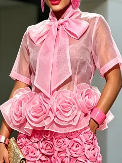 Urban Plain Peplum 3D Floral Bow Tie Neck Shirt