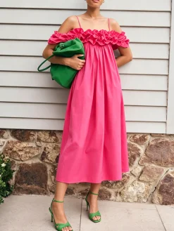 Urban Plain Peplum Spaghetti Midi Dress