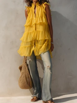 Urban Plain Peplum Tiered Stand Collar Shirt