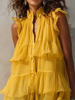 Urban Plain Peplum Tiered Stand Collar Shirt