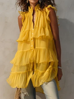 Urban Plain Peplum Tiered Stand Collar Shirt