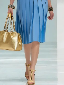 Urban Plain Pleated Crew Neck Midi Dress With Belt