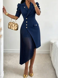 Urban Plain Puff Sleeve Irregular Craftsmanship Lapel Collar Midi Dress