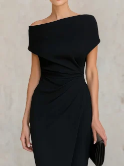 Urban Plain Ruched One Shoulder Midi Dress