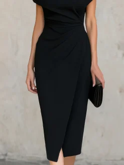 Urban Plain Ruched One Shoulder Midi Dress
