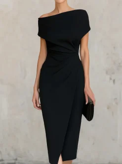 Urban Plain Ruched One Shoulder Midi Dress