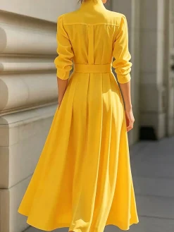 Urban Plain Ruched Shirt Collar Midi Dress With Belt