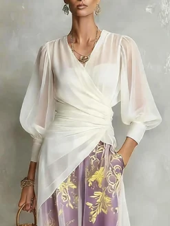 Urban Plain Ruched V Neck Blouse