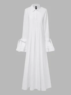 Urban Plain Ruffle Sleeve Shirt Collar Maxi Dress