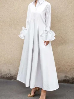 Urban Plain Ruffle Sleeve Shirt Collar Maxi Dress