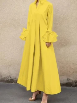 Urban Plain Ruffle Sleeve Shirt Collar Maxi Dress