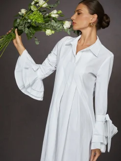 Urban Plain Ruffle Sleeve Shirt Collar Maxi Dress