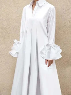 Urban Plain Ruffle Sleeve Shirt Collar Maxi Dress