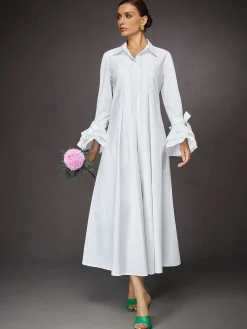 Urban Plain Ruffle Sleeve Shirt Collar Maxi Dress