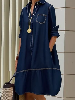 Urban Plain Shirt Collar Knee Length Denim Dress
