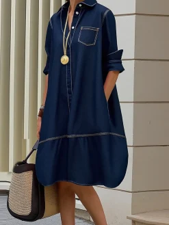 Urban Plain Shirt Collar Knee Length Denim Dress