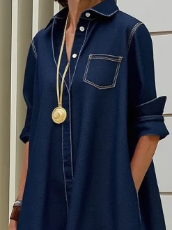 Urban Plain Shirt Collar Knee Length Denim Dress